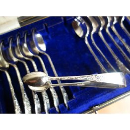 Silver plated tea spoons and sugar tongs, Collectible. 