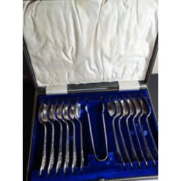 Silver plated tea spoons and sugar tongs, Collectible. 